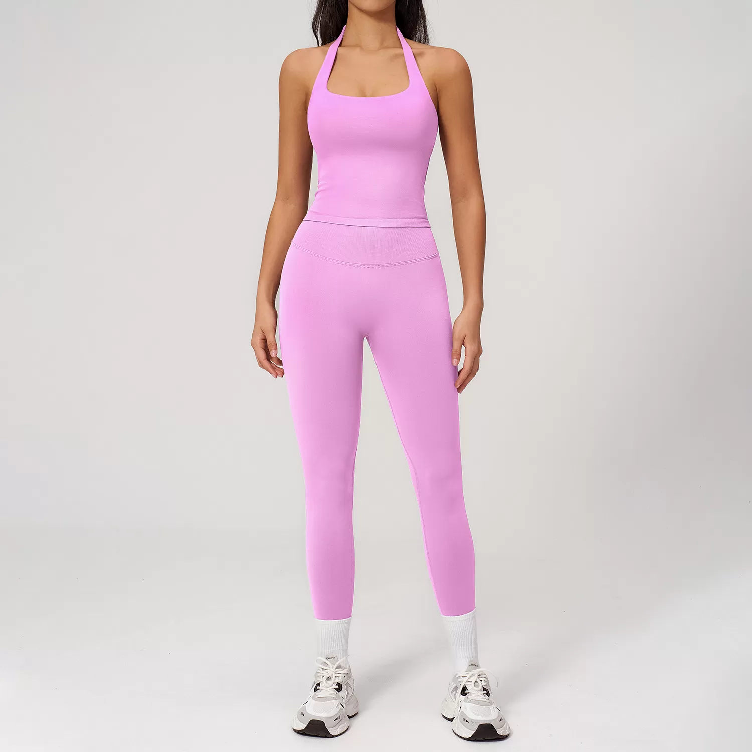 Nuevo conjunto de yoga para mujer, de secado rápido, transpirable, de spandex/nylon, color liso, ropa deportiva para gimnasio, traje para correr y fitness FGBTZ7790
