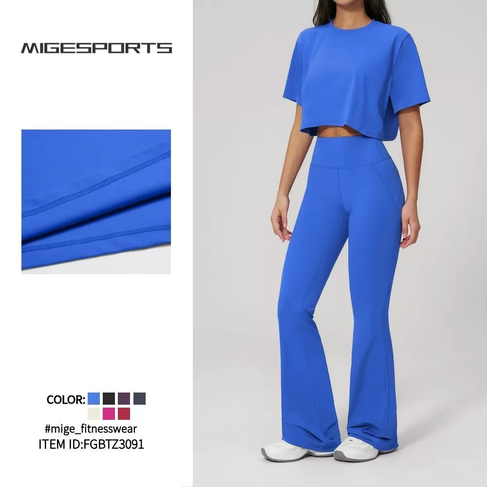 Conjunto de dos piezas para mujer: pantalón acampanado de cintura alta para gimnasio, top de manga corta, ropa deportiva para fitness y yoga (FGBTZ3091)