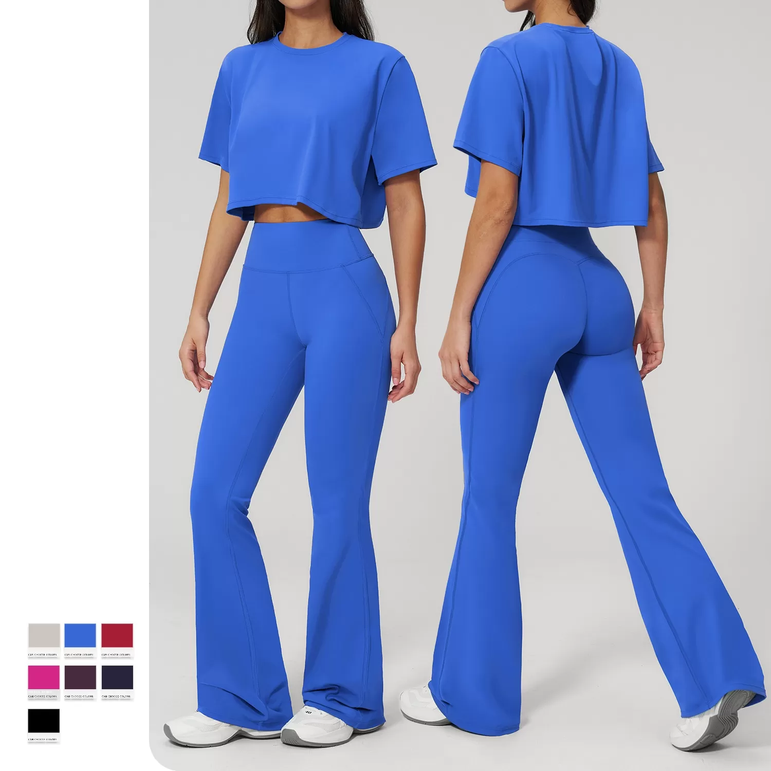 Conjunto de dos piezas para mujer: pantalón acampanado de cintura alta para gimnasio, top de manga corta, ropa deportiva para fitness y yoga (FGBTZ3091)