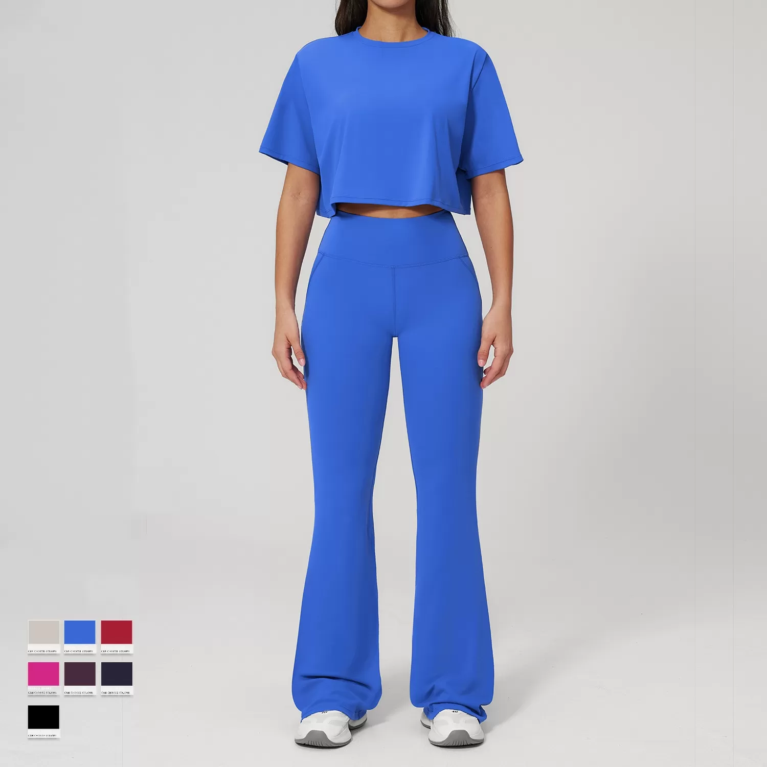 Conjunto de dos piezas para mujer: pantalón acampanado de cintura alta para gimnasio, top de manga corta, ropa deportiva para fitness y yoga (FGBTZ3091)