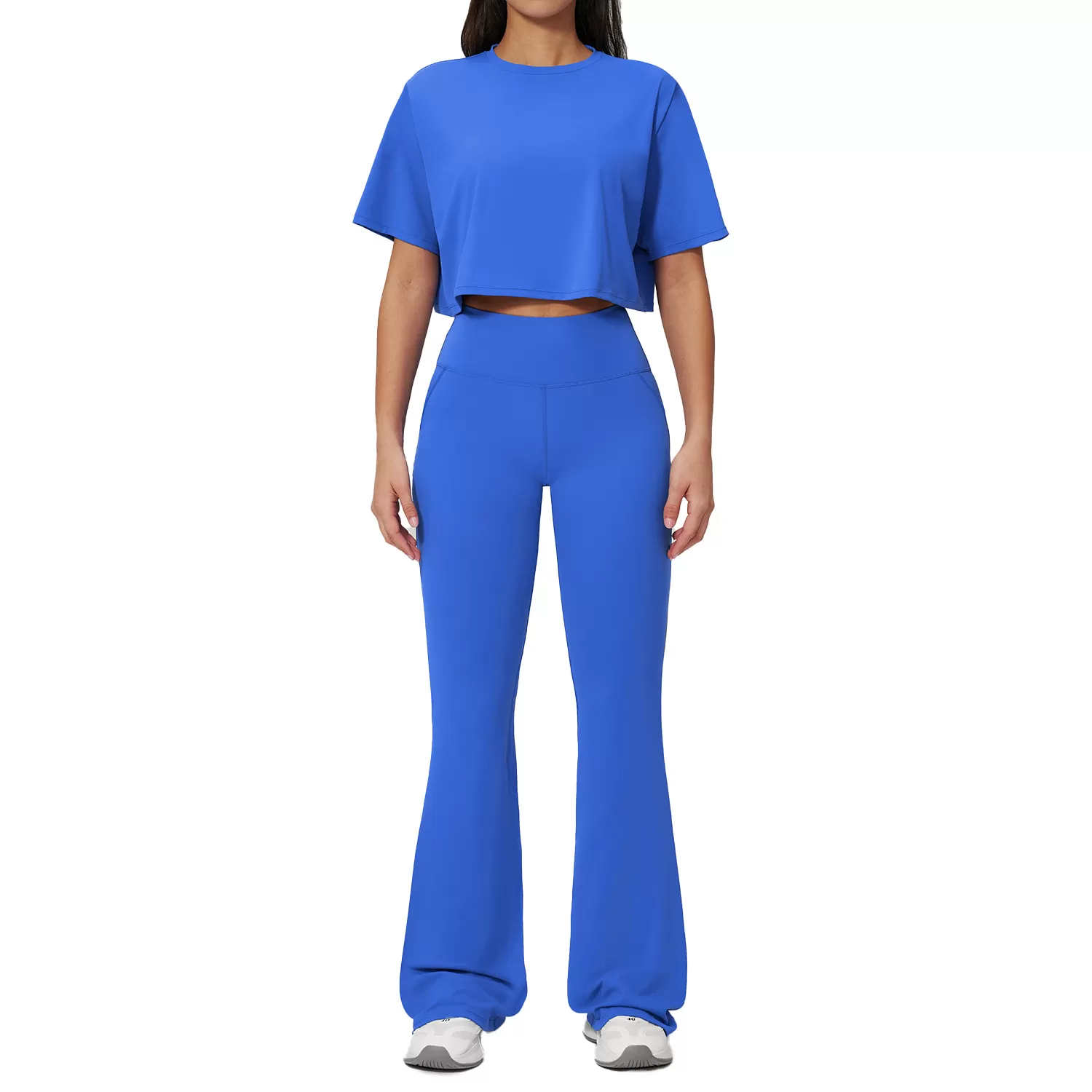 Conjunto de dos piezas para mujer: pantalón acampanado de cintura alta para gimnasio, top de manga corta, ropa deportiva para fitness y yoga (FGBTZ3091)