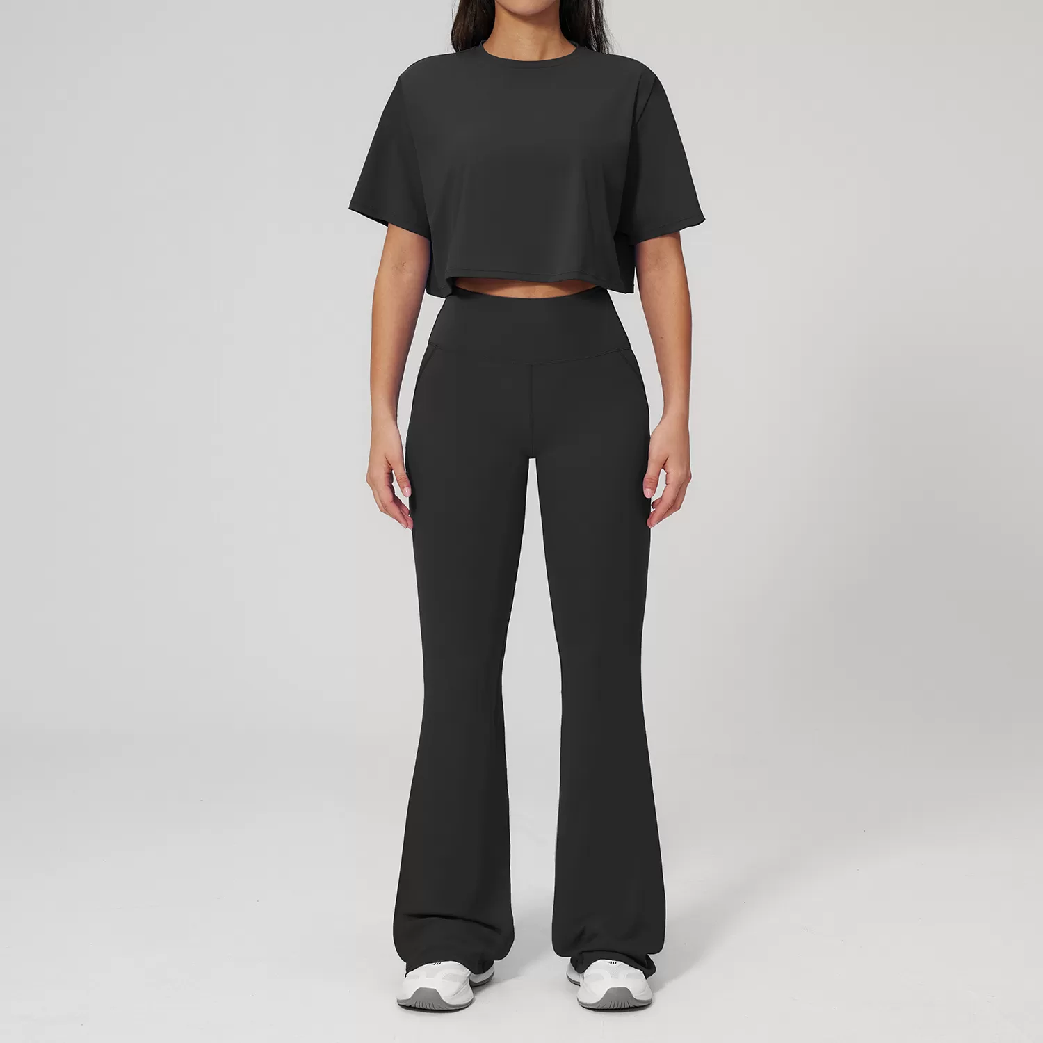 Conjunto de dos piezas para mujer: pantalón acampanado de cintura alta para gimnasio, top de manga corta, ropa deportiva para fitness y yoga (FGBTZ3091)