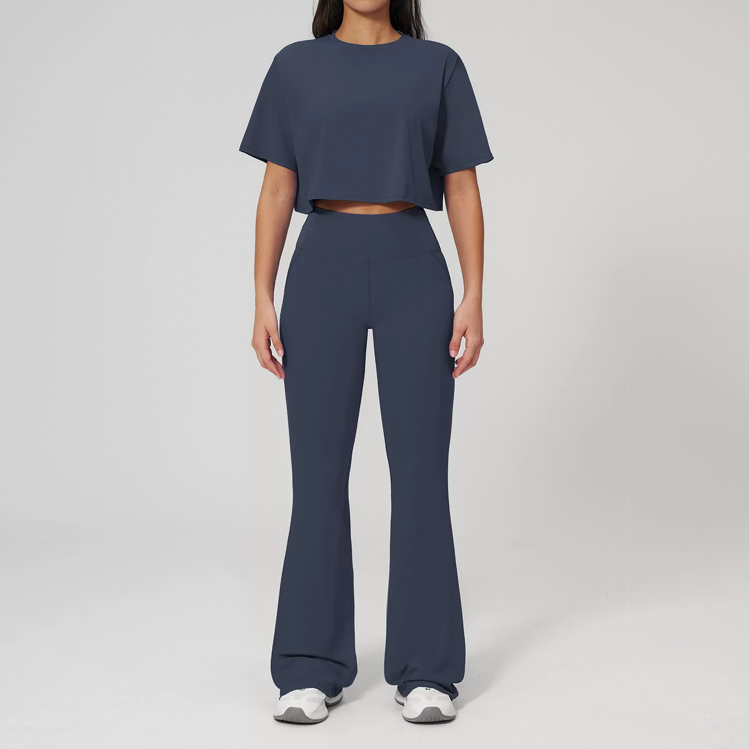 Conjunto de dos piezas para mujer: pantalón acampanado de cintura alta para gimnasio, top de manga corta, ropa deportiva para fitness y yoga (FGBTZ3091)