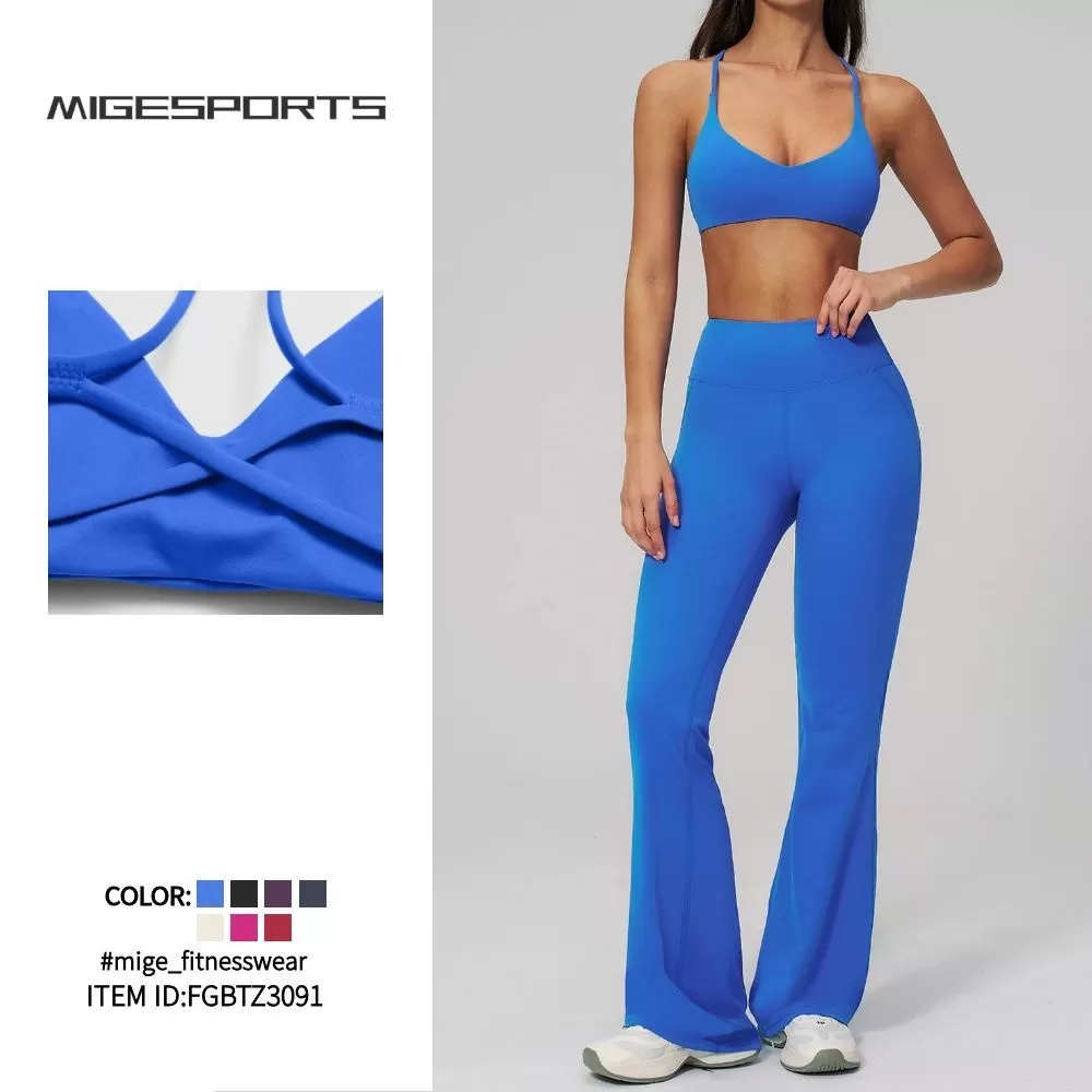 Nuevo conjunto de ropa de gimnasio para mujer de 3 piezas: pantalones acampanados y top tipo sujetador. Conjunto de entrenamiento para gimnasio y fitness FGBTZ3091