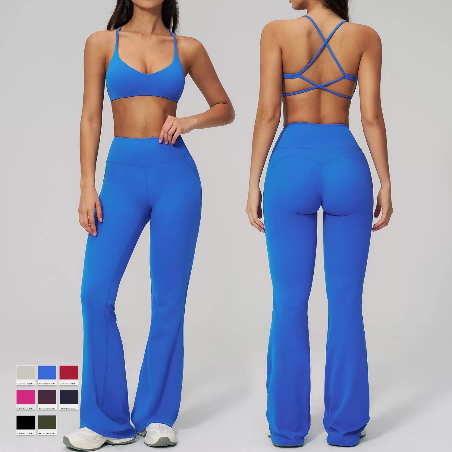 Nuevo conjunto de ropa de gimnasio para mujer de 3 piezas: pantalones acampanados y top tipo sujetador. Conjunto de entrenamiento para gimnasio y fitness FGBTZ3091