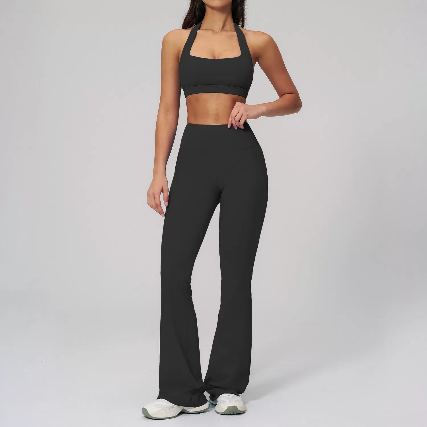 Nuevo conjunto de ropa de gimnasio para mujer de 3 piezas: pantalones acampanados y top tipo sujetador. Conjunto de entrenamiento para gimnasio y fitness FGBTZ3091