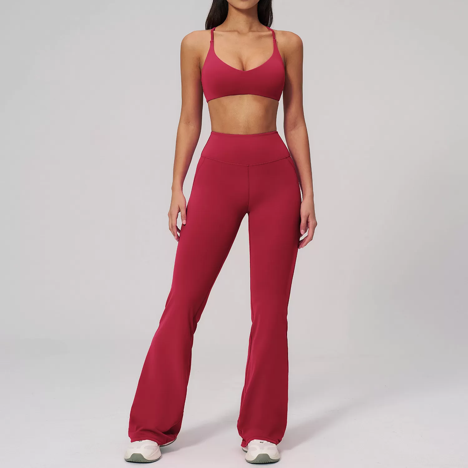 Nuevo conjunto de ropa de gimnasio para mujer de 3 piezas: pantalones acampanados y top tipo sujetador. Conjunto de entrenamiento para gimnasio y fitness FGBTZ3091