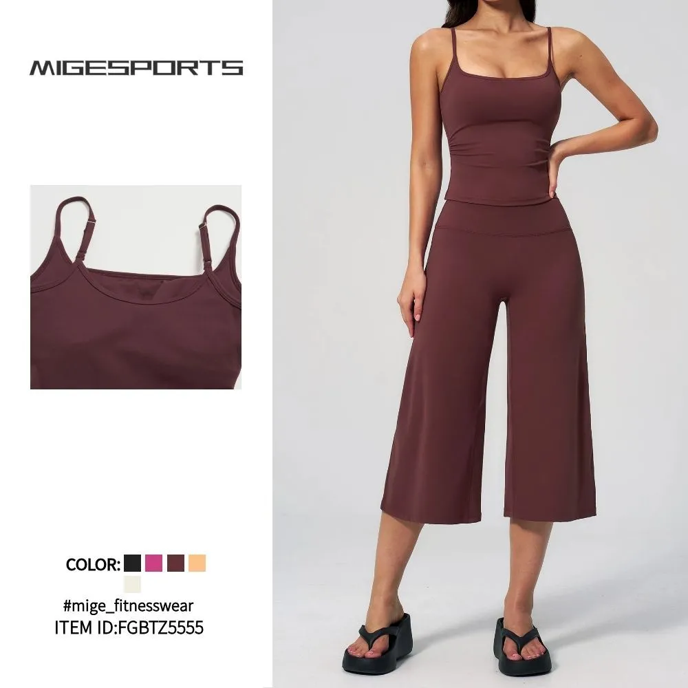 Conjunto de pantalón de yoga para mujer de 3/4 de largo, Spandex/Nylon, color liso, transpirable, ropa deportiva, 2 piezas FGBTZ5555
