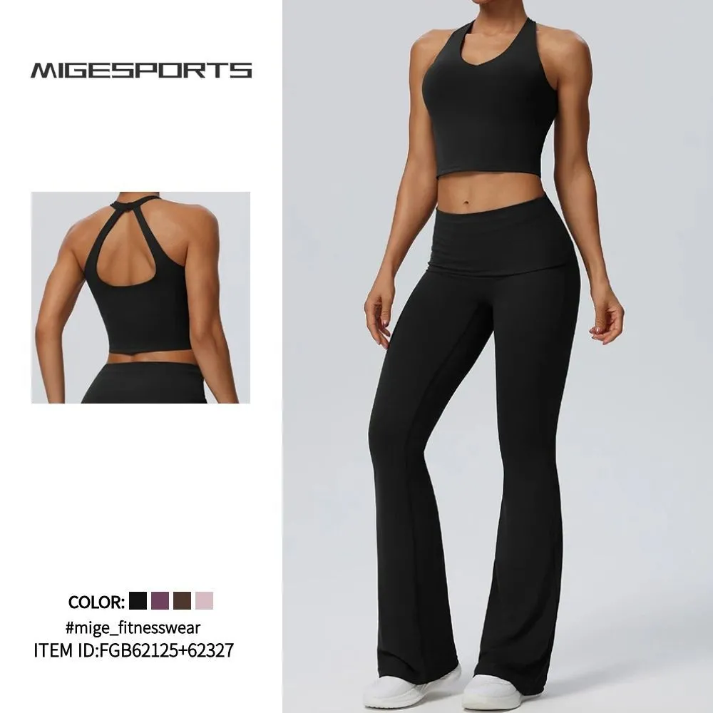 Conjuntos de yoga transpirables de secado rápido y alta calidad, color liso, sin espalda, para gimnasio, ropa deportiva, conjunto de yoga FGB62125+62327