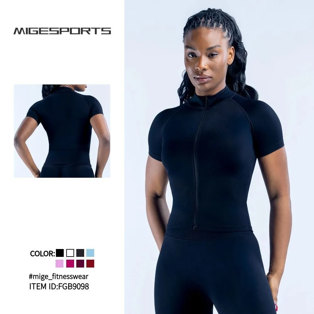 Ropa deportiva de manga corta sin costuras con cremallera para mujer, ideal para gimnasio, fitness y yoga (venta al por mayor) FGB9098