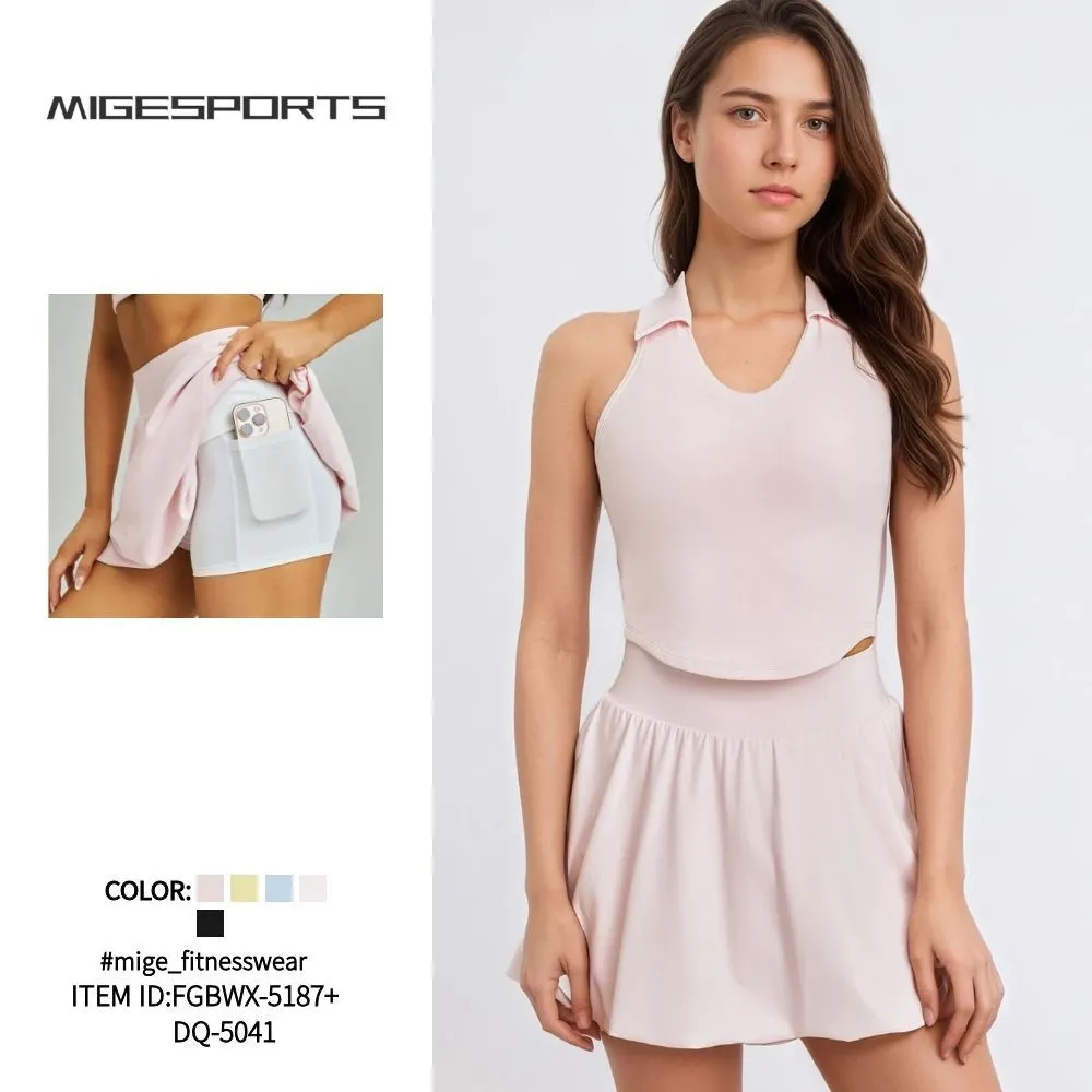 Conjunto de dos piezas para mujer: camiseta sin mangas y falda de tenis, ideal para gimnasio, fitness y yoga. Venta al por mayor. FGBBX-5187+DQ-5041
