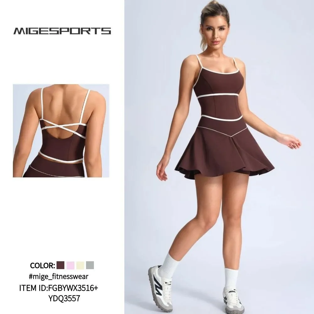 Conjunto deportivo transpirable de manga corta para yoga, camiseta sin mangas, falda de tenis y shorts incorporados. Conjunto de yoga delantero FGBYWX3516+YDQ3557
