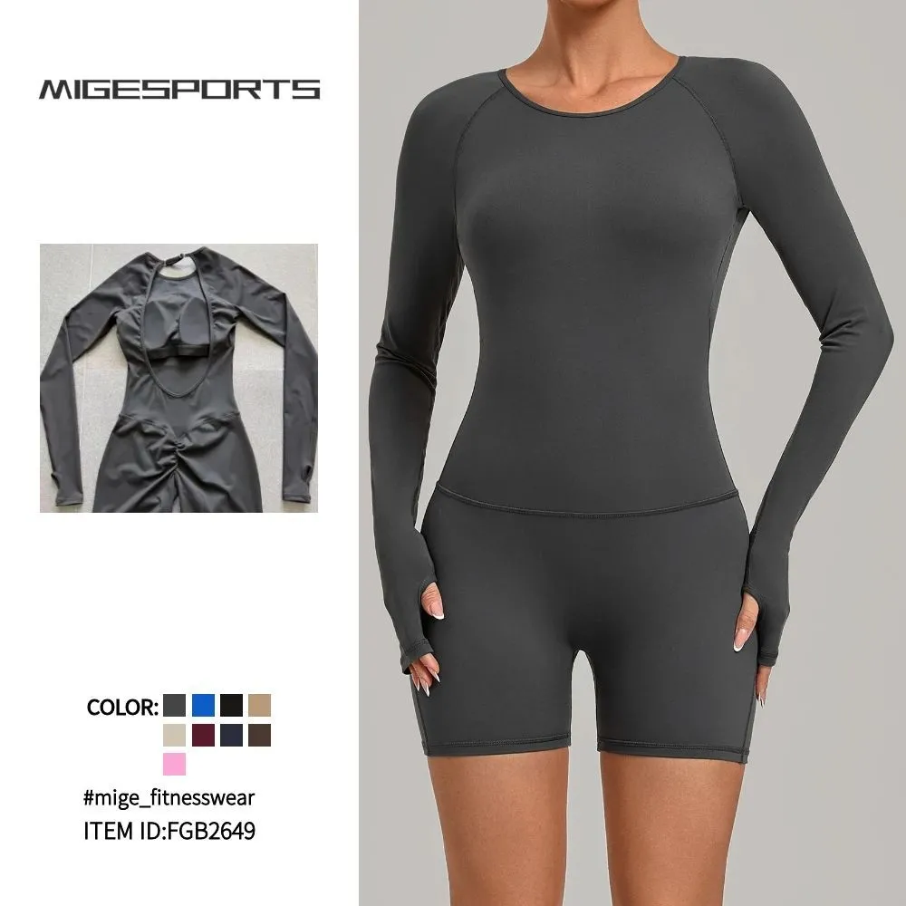 Mono ajustado con cuello halter para gimnasio, fitness y yoga, con mangas largas y pechos. Mono de yoga para mujer FGB2649