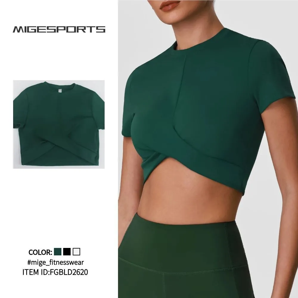 Top deportivo de manga corta para mujer, ideal para yoga, correr y fitness, de secado rápido y transpirable (FGBLD2620).