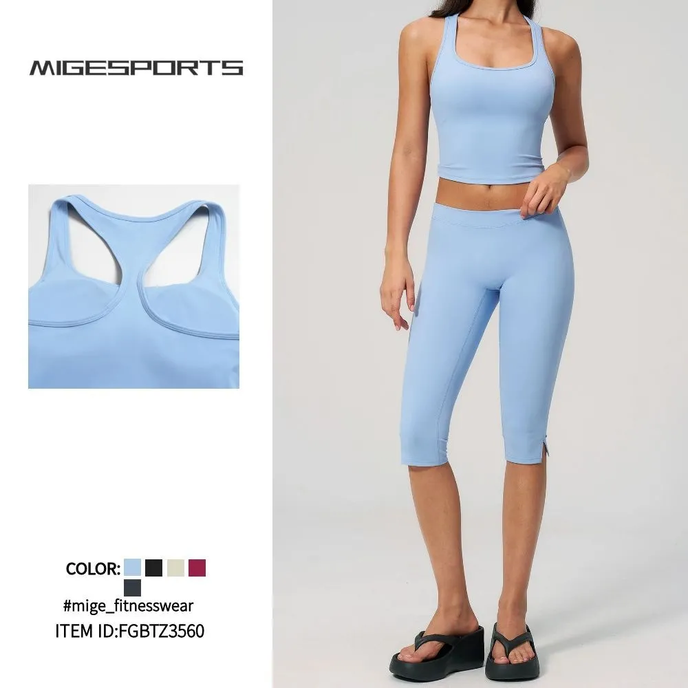 Conjunto de yoga para mujer de 2 piezas: sujetador deportivo transpirable de spandex/nylon y leggings de talle alto de largo medio, de secado rápido FGBTZ3560