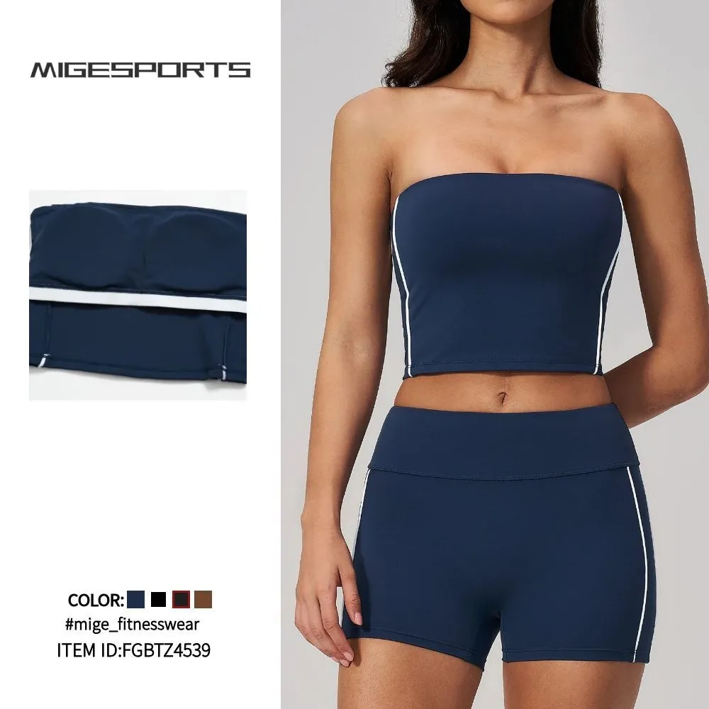 Conjunto de yoga de 2 piezas: top corto y shorts, color liso, ropa deportiva sin tirantes para mujer, conjunto de yoga FGBTZ4539