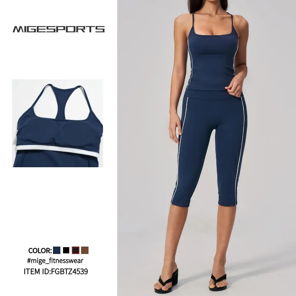 Conjunto deportivo de secado rápido para mujer, compuesto por camisetas sin mangas y leggings de 3/4 de largo, ideal para gimnasio, fitness y entrenamientos de alta intensidad (FGBTZ4539).