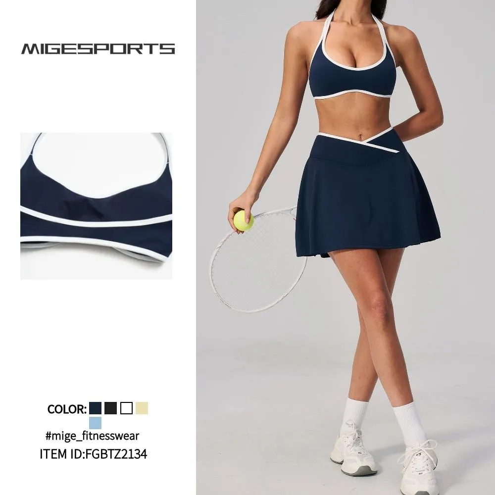 Conjunto deportivo ajustado para mujer, de secado rápido, para yoga, fitness, tenis, falda de plumas, dos piezas FGBTZ2134