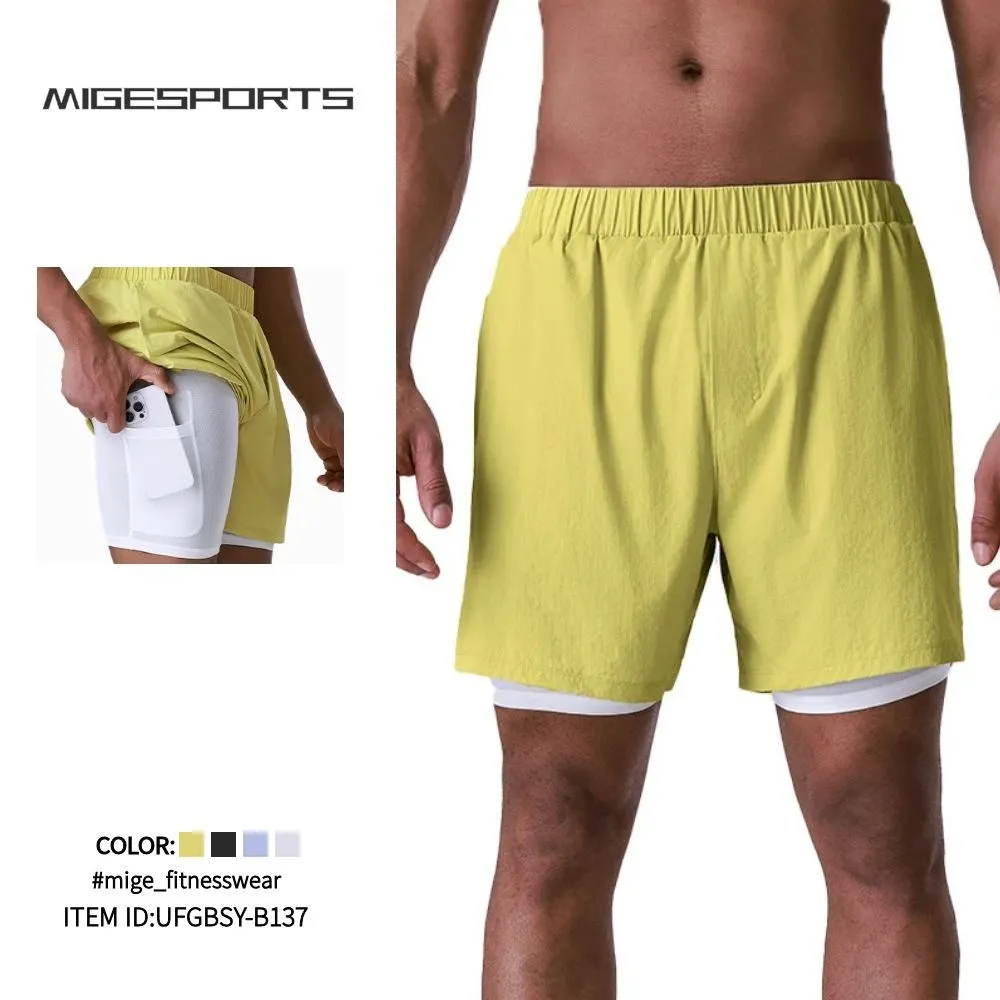 Pantalones cortos deportivos para hombre, de secado rápido, para entrenamiento, running, fitness y actividad física, doble capa, para gimnasio y correr (UFGBSY-B137)