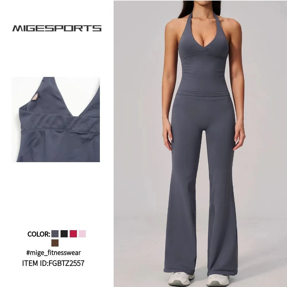 Conjunto deportivo de exterior para mujer: top sin espalda con cuello halter, pantalones acampanados y leggings para gimnasio (2 piezas, FGBTZ2557)