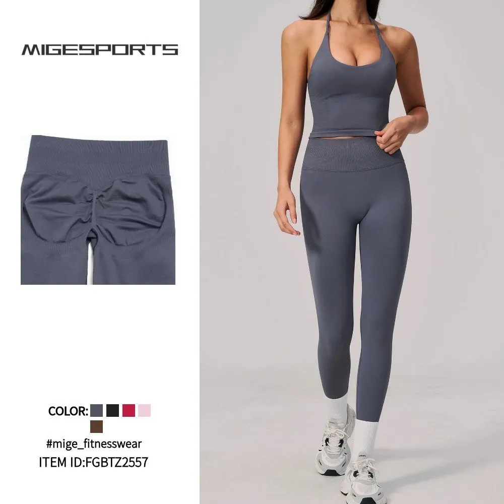 Conjunto de yoga y fitness de 2 piezas para mujer, transpirable, sin costuras, de cintura alta, color liso FGBTZ2557