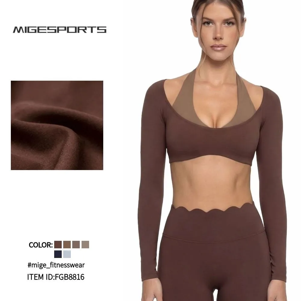 Camiseta de yoga de manga larga, transpirable, de secado rápido, corte ajustado, para correr, gimnasio y fitness, ropa deportiva para mujer FGB8816