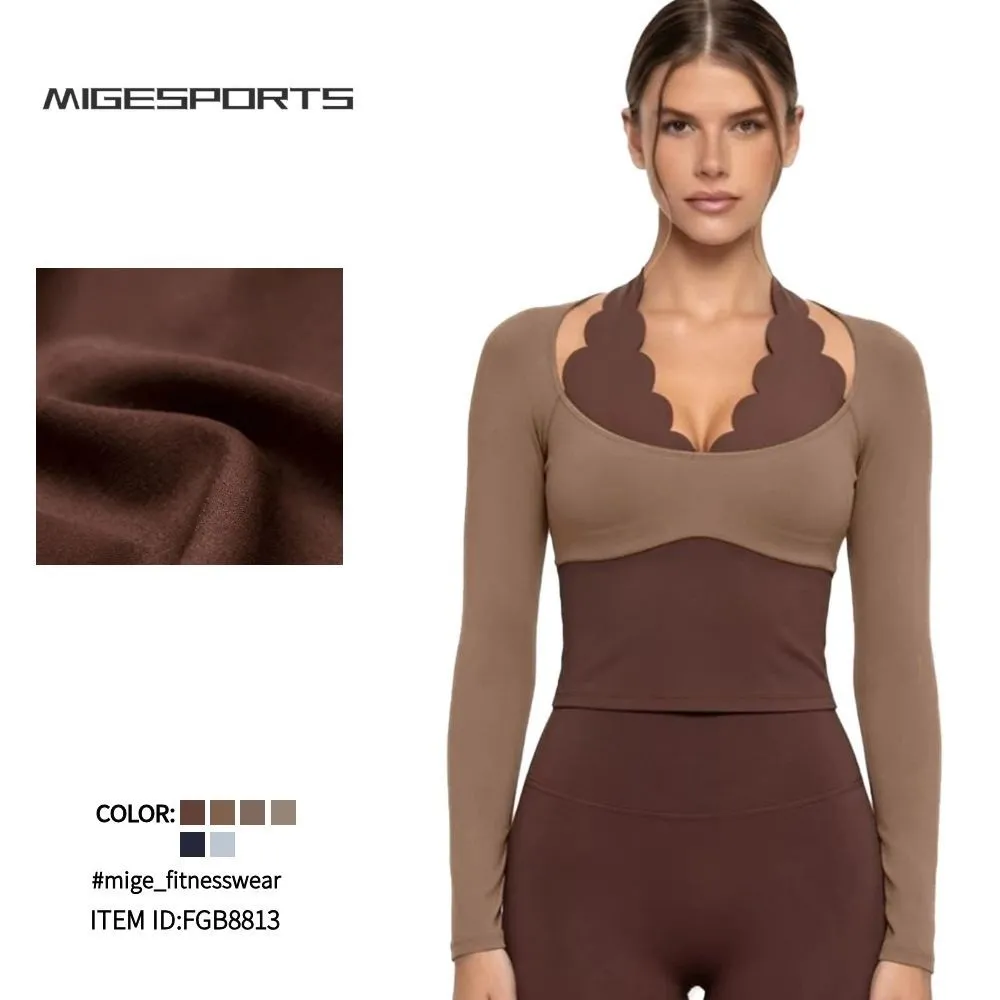 Camiseta de yoga de manga larga ajustada para mujer, cómoda, para correr al aire libre o para el gimnasio (FGB8813)