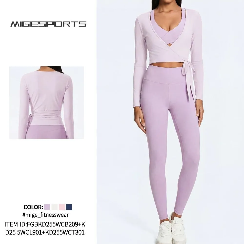 Women's Slim-Fit Solid Sportswear 3-Piece Yoga Set Breathable Quick-Dry Outdoor Running & Fitness Yoga Suit FGBKD255WCB209+KD255WCL901+KD255WCT301