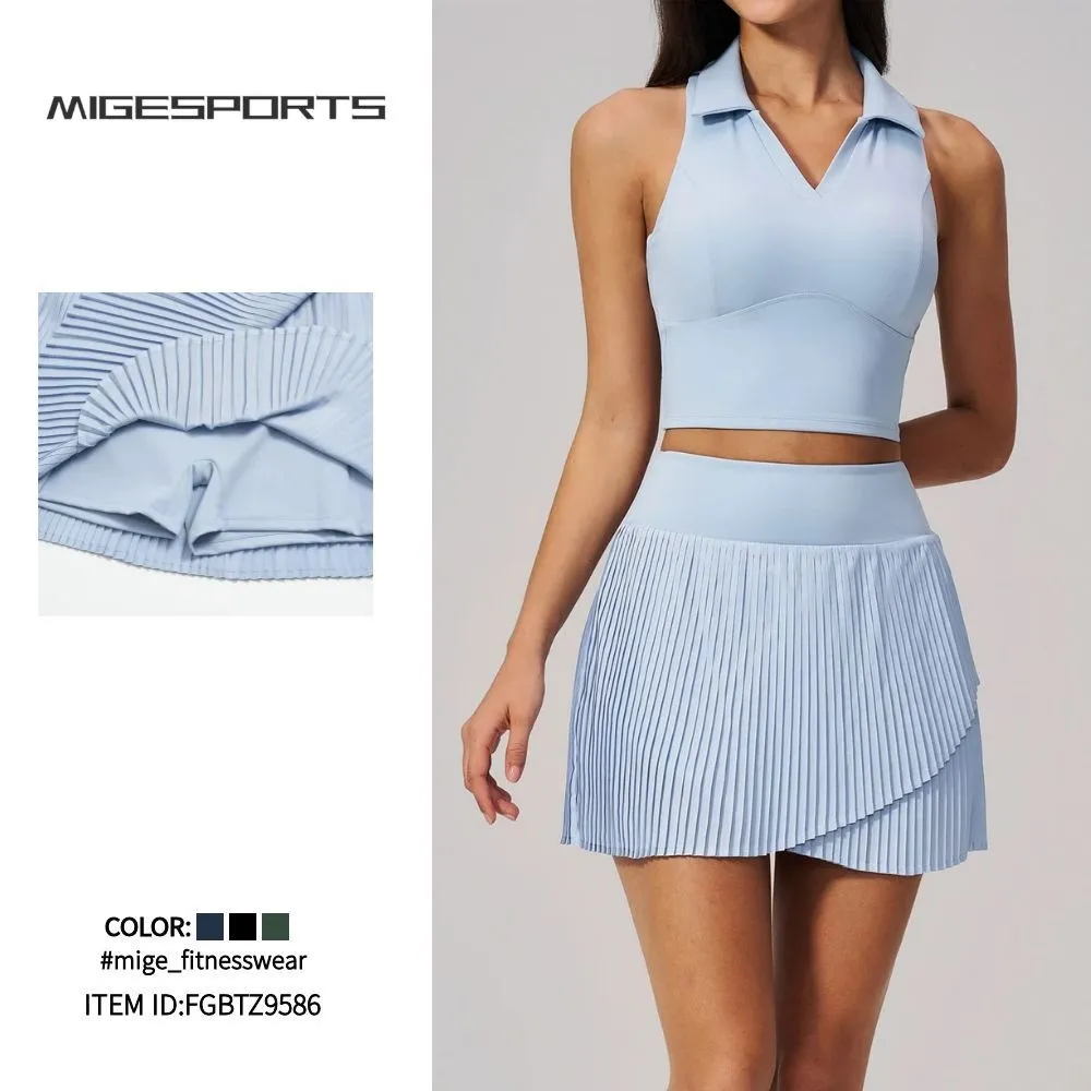 Fabricantes de ropa Camisetas sin mangas Falda Ropa deportiva de tenis Conjunto de dos piezas para mujer Yoga Gimnasio Fitness Entrenamiento Chándal FGBTZ9586