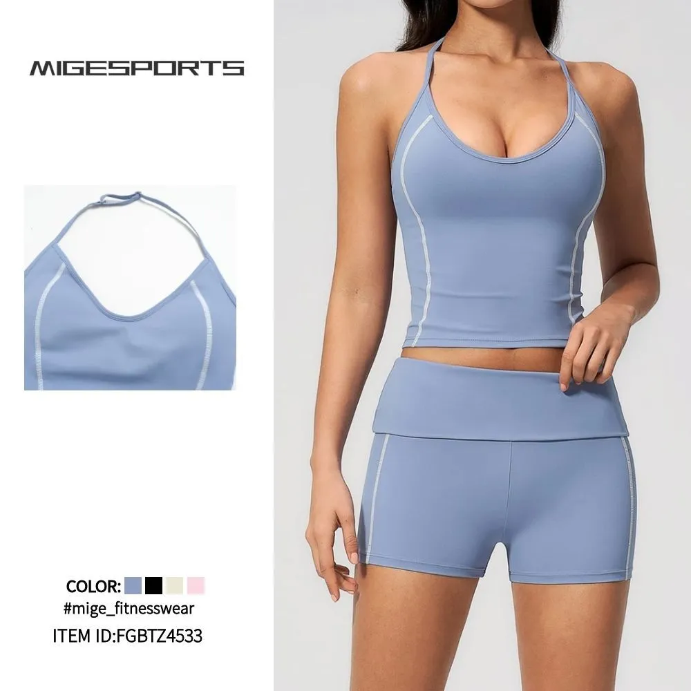 Conjuntos de ropa deportiva transpirable para yoga, camisetas sin mangas y pantalones cortos para entrenamiento de yoga para mujeres, ropa de fitness para yoga FGBTZ4533