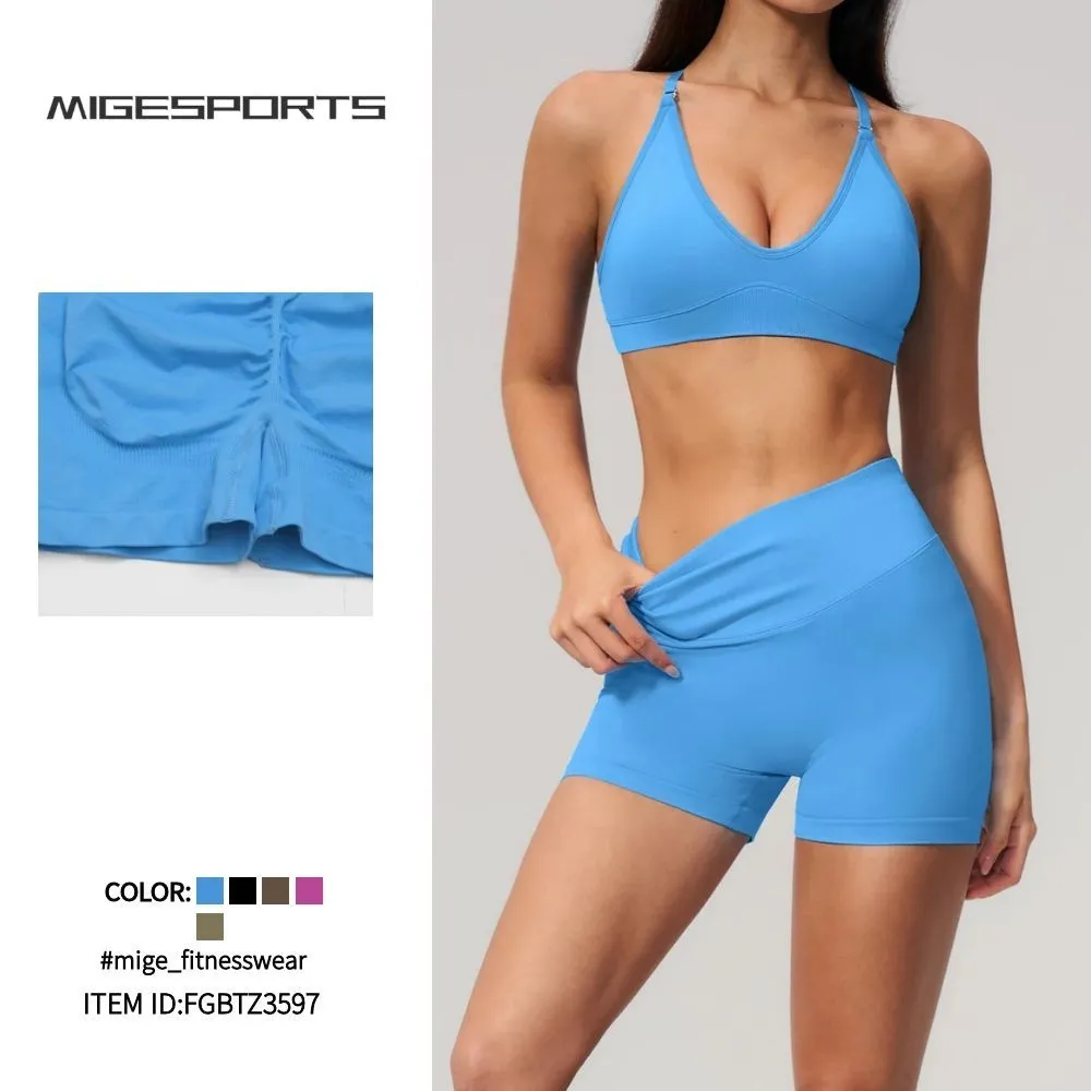 Conjunto deportivo elástico transpirable sin costuras para mujer, ideal para gimnasio, yoga y fitness (FGBTZ3597)