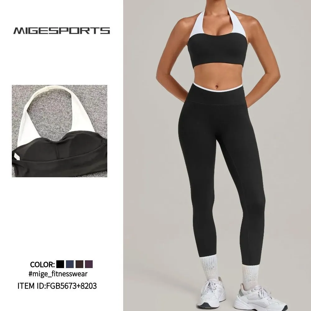 Conjunto de entrenamiento para mujer: sujetador deportivo con cuello alto, leggings, ropa deportiva, ropa de gimnasio, hermoso conjunto de yoga para mujer, conjunto de 2 piezas FGB5673+8203