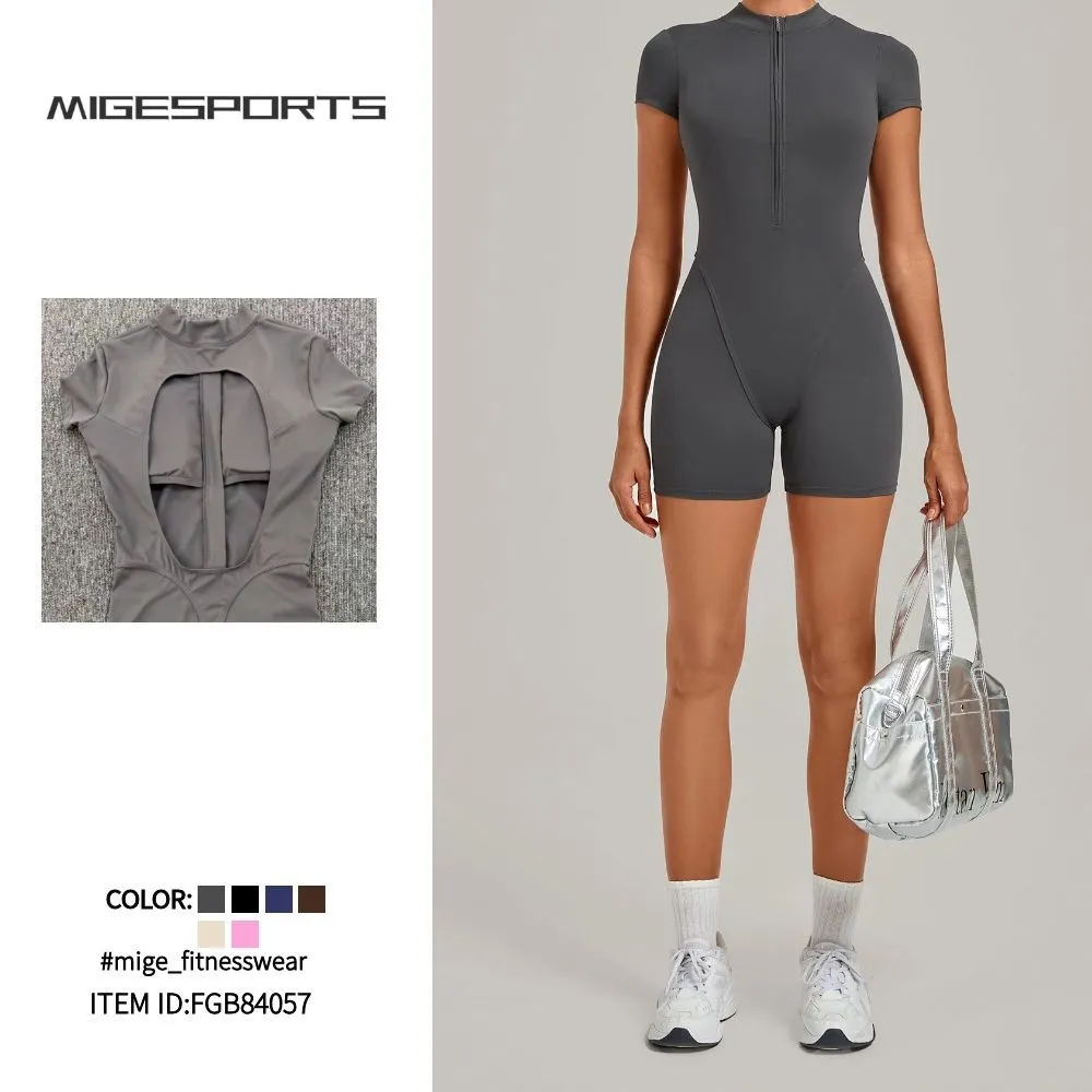 Mono de manga corta con cremallera y espalda descubierta para mujer, ideal para fitness, yoga y ejercicio (FGB84057)