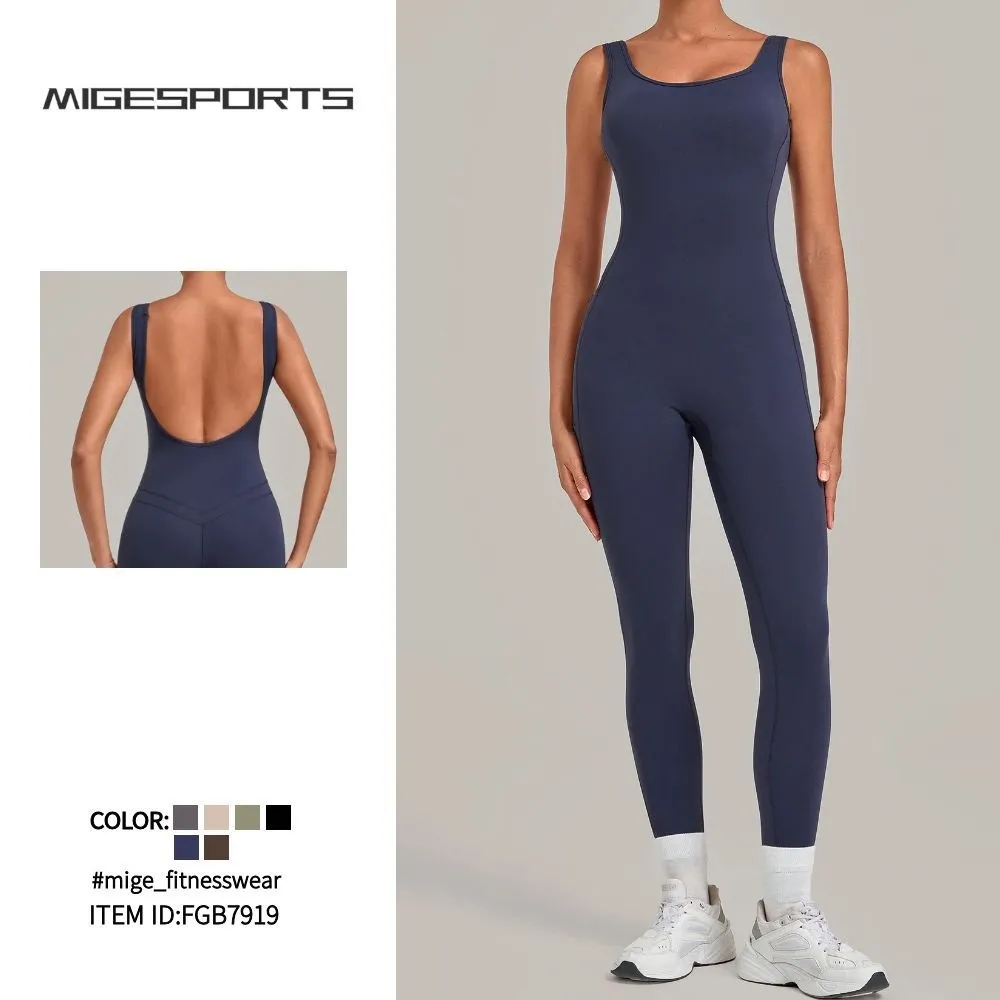 Mono deportivo de una pieza para yoga y gimnasio; prenda ajustada sin mangas y con espalda descubierta (modelo FGB7919).