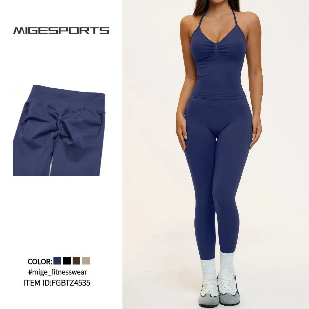 Conjunto de 7 piezas para mujer: pantalones cortos de yoga de secado rápido, camiseta tipo halter, sujetador de tirantes cruzados en la espalda y leggings sin costuras (FGBTZ4535)