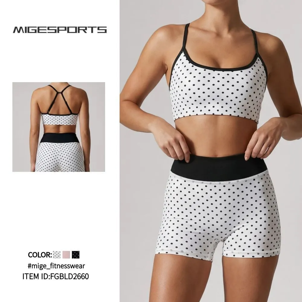Conjunto de 2 piezas para mujer (top y shorts) con estampado de lunares para Pilates y entrenamiento FGBLD2660