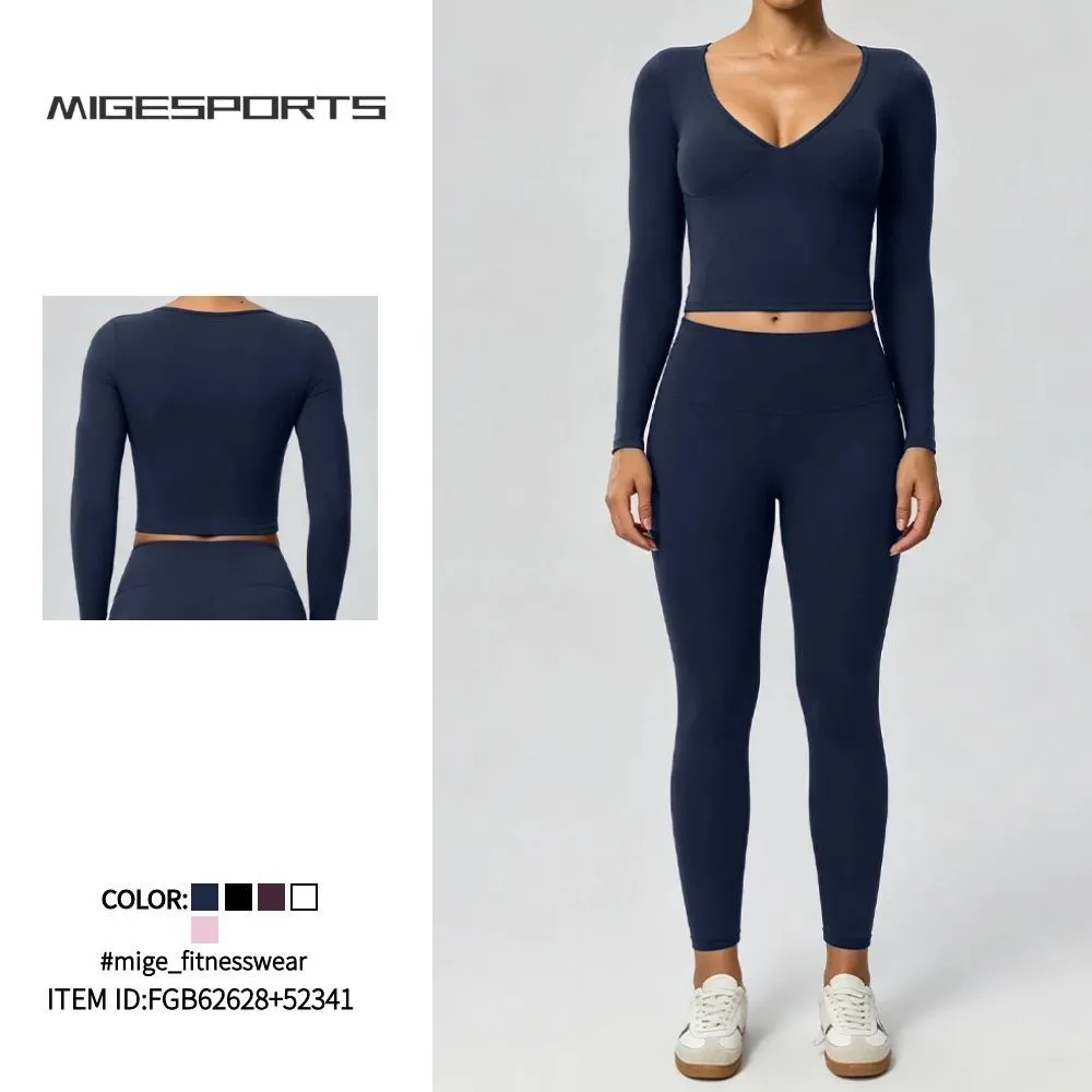 Conjunto de yoga para mujer, leggings de manga larga que realzan los glúteos, cómodos y suaves, ideales para gimnasio, correr y practicar deporte (FGB62628+52341)