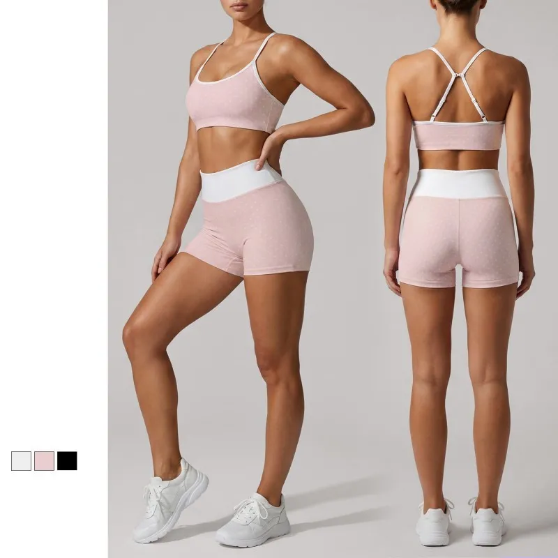 Conjunto de 2 piezas para mujer (top y shorts) con estampado de lunares para Pilates y entrenamiento FGBLD2660