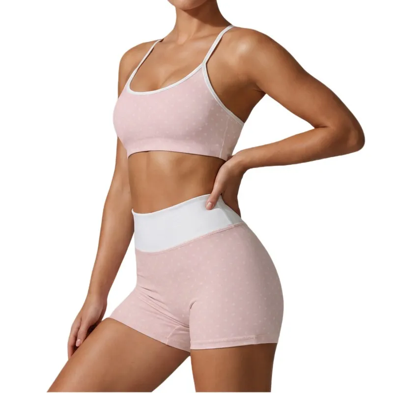 Conjunto de 2 piezas para mujer (top y shorts) con estampado de lunares para Pilates y entrenamiento FGBLD2660