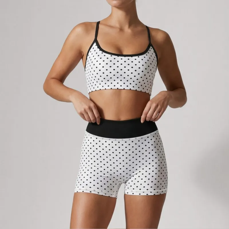 Conjunto de 2 piezas para mujer (top y shorts) con estampado de lunares para Pilates y entrenamiento FGBLD2660