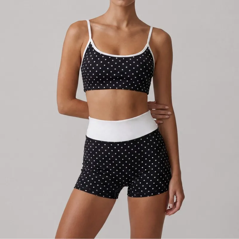Conjunto de 2 piezas para mujer (top y shorts) con estampado de lunares para Pilates y entrenamiento FGBLD2660
