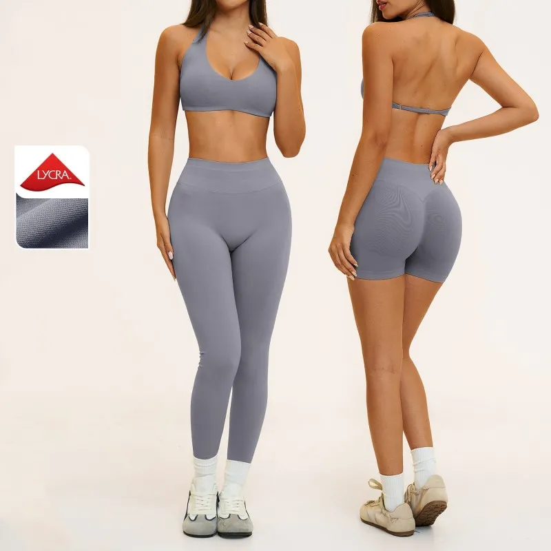 Conjunto de 7 piezas para mujer: pantalones cortos de yoga de secado rápido, camiseta tipo halter, sujetador de tirantes cruzados en la espalda y leggings sin costuras (FGBTZ4535)