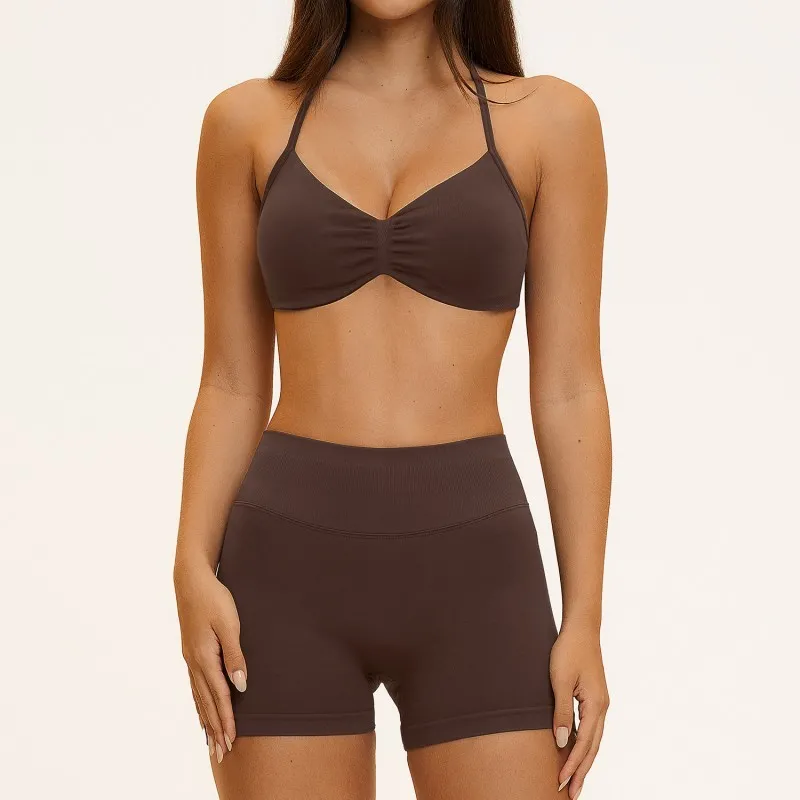 Conjunto de 7 piezas para mujer: pantalones cortos de yoga de secado rápido, camiseta tipo halter, sujetador de tirantes cruzados en la espalda y leggings sin costuras (FGBTZ4535)