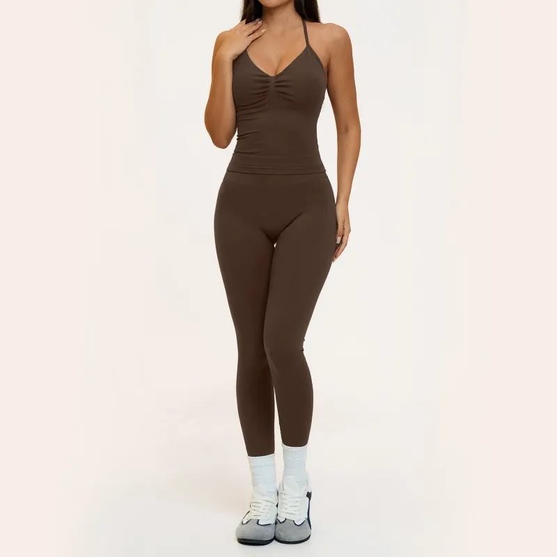 Conjunto de 7 piezas para mujer: pantalones cortos de yoga de secado rápido, camiseta tipo halter, sujetador de tirantes cruzados en la espalda y leggings sin costuras (FGBTZ4535)