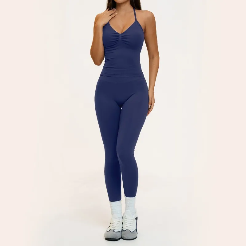 Conjunto de 7 piezas para mujer: pantalones cortos de yoga de secado rápido, camiseta tipo halter, sujetador de tirantes cruzados en la espalda y leggings sin costuras (FGBTZ4535)