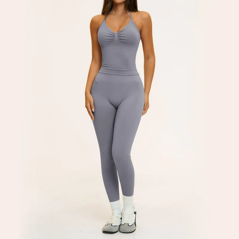 Conjunto de 7 piezas para mujer: pantalones cortos de yoga de secado rápido, camiseta tipo halter, sujetador de tirantes cruzados en la espalda y leggings sin costuras (FGBTZ4535)