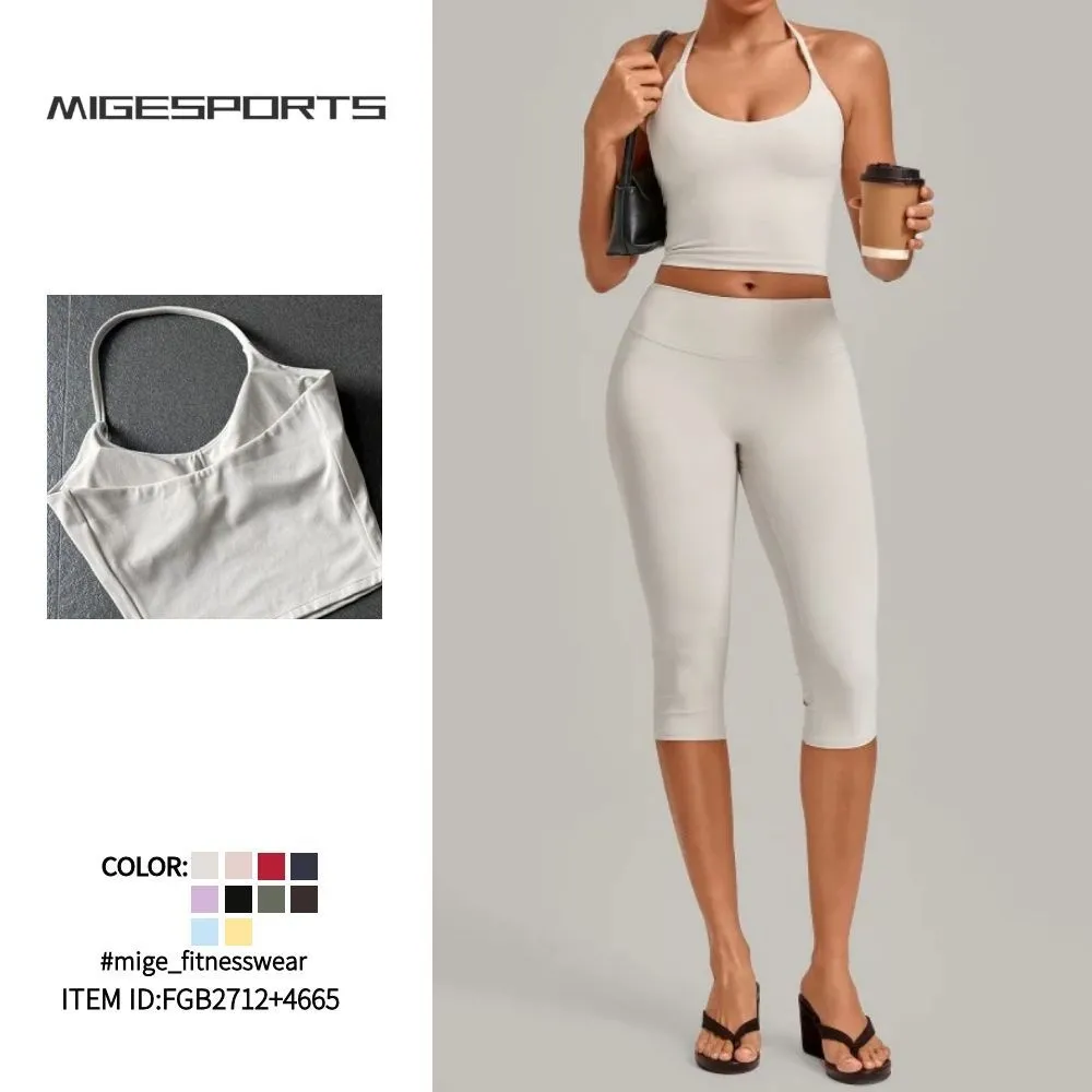 Conjuntos de entrenamiento de 2 piezas para mujer: camisetas deportivas para correr y leggings de cintura alta de 3/4 de largo para yoga (FGB2712+4665)