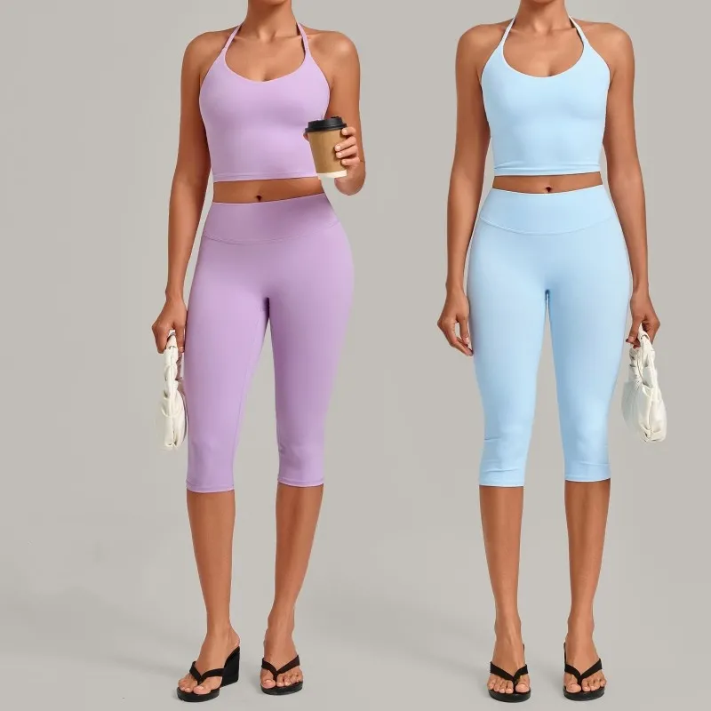 Conjuntos de entrenamiento de 2 piezas para mujer: camisetas deportivas para correr y leggings de cintura alta de 3/4 de largo para yoga (FGB2712+4665)