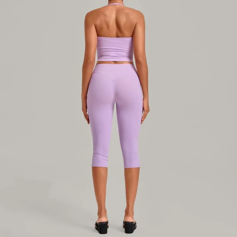 Conjuntos de entrenamiento de 2 piezas para mujer: camisetas deportivas para correr y leggings de cintura alta de 3/4 de largo para yoga (FGB2712+4665)