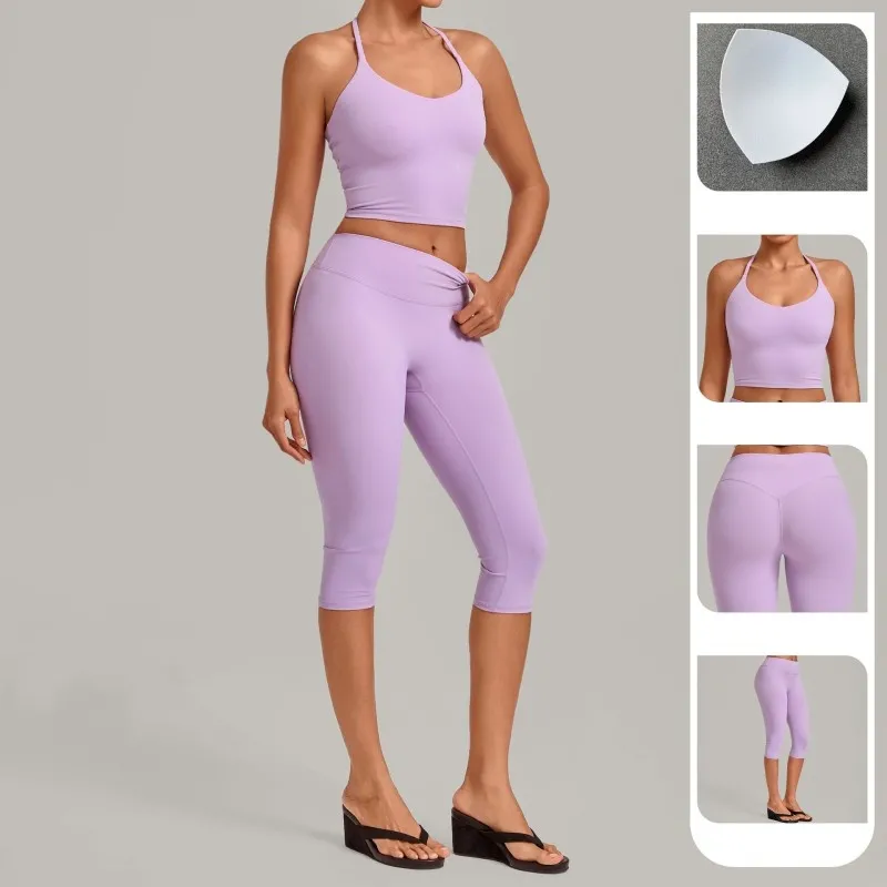 Conjuntos de entrenamiento de 2 piezas para mujer: camisetas deportivas para correr y leggings de cintura alta de 3/4 de largo para yoga (FGB2712+4665)